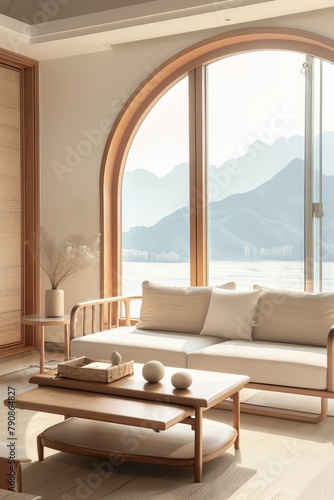 Modern Chinese style interior design, living room with sofa and coffee table, wall arched window with view of mountains and sea, 