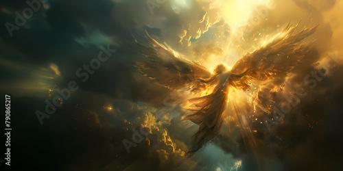 Angel mythology, abstract oil painting of a beautiful, mighty flying angel spreading arms and wings. Dramatic mythology vibe background, clouds and sunrays, representing good and evil.
