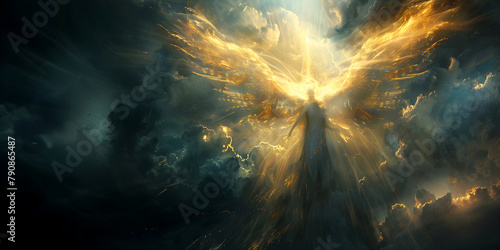Angel mythology, abstract oil painting of a beautiful, mighty flying angel spreading arms and wings. Dramatic mythology vibe background, clouds and sunrays, representing good and evil.