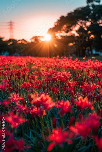 The ground is covered with red flowers, and the sky in front has a beautiful sunrise.  © Nica