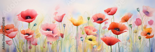 Watercolor illustration of colorful poppies in the field. Watercolor paper texture visible.