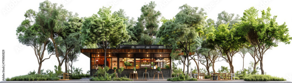 A small cafe with a few tables and chairs is surrounded by trees