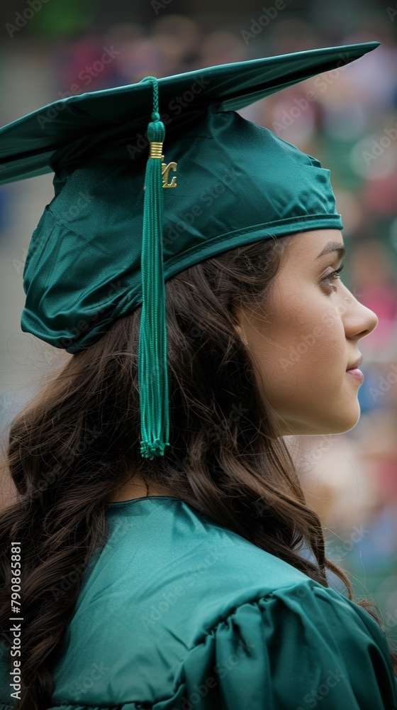 A close up of a woman in green graduation gown with tassel, AI A close up of a woman in green graduation gown with tassel, AI