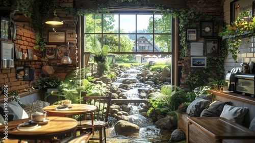 A restaurant with a stream running through it