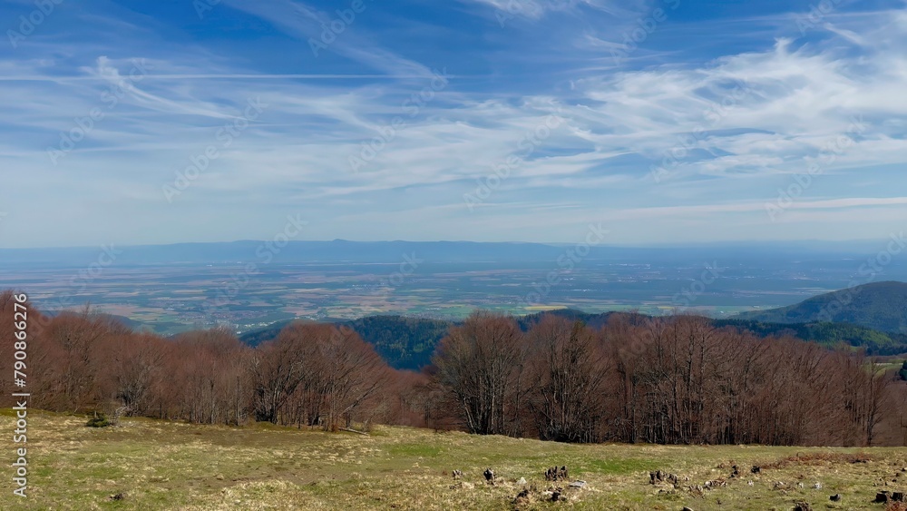 Panoramic View from Grand Ballon, Vosges Summit in Haut-Rhin, Alsace, France, on a Clear April Day