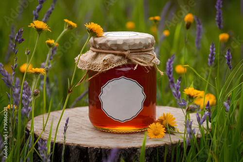 Image Honey jar with dipper and meadow flowers for a natural feel photo