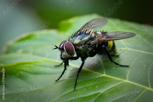 Macro photo of flies on leaves in nature