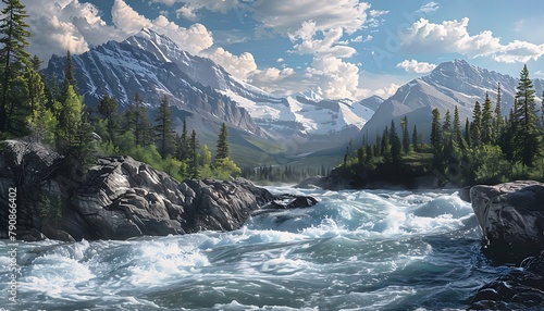 illustration-style landscape photo depicting a rugged, turbulent river flowing through the mountains photo