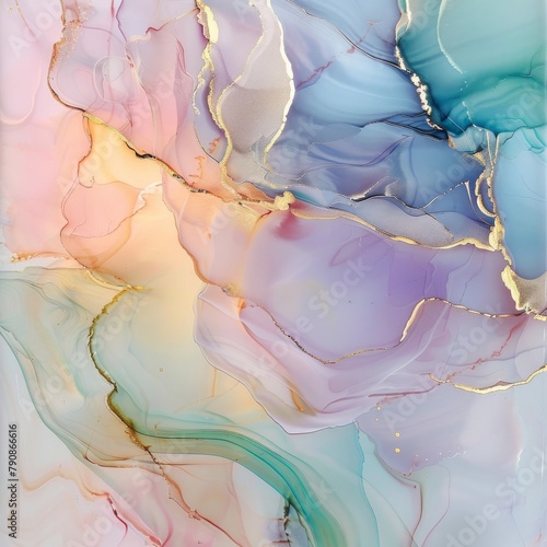 Colorful abstract painting with a pastel color palette and gold accents.