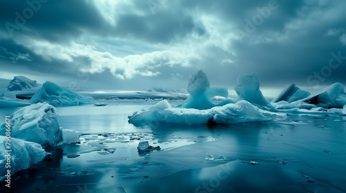 Wide angle photo of an arctic landscape with icebergs floating in the water, cloudy sky, dark blue and light cyan tones