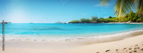 Sunny tropical ocean beach with palm trees and turquoise water background © Oksana