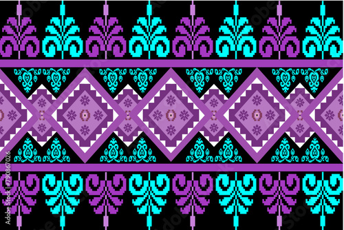 Seamless geometric fabric pattern, black background, pink, green flowers, illustration, vector