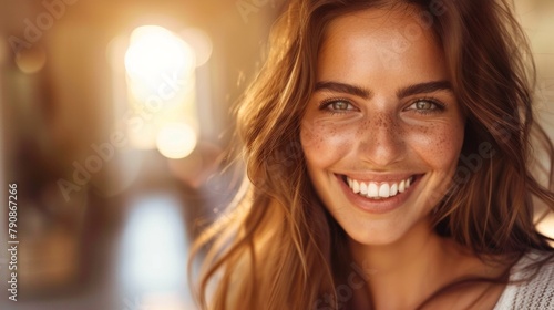 A woman with freckles smiling and looking at the camera, AI photo