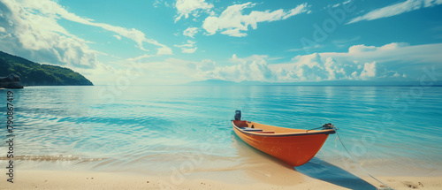 
Serene tropical beach with an orange boat on shore. Generative AI photo