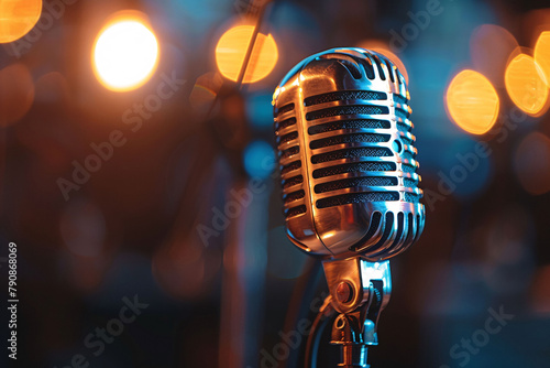 Microphone on stage under bright lights, professional speaking interview singing media concept illustration