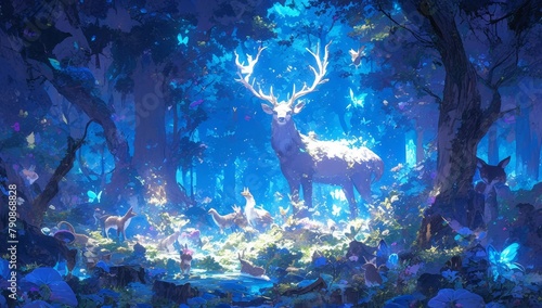 A whimsical forest scene with various animals, including deer and foxes, surrounded by lush green trees and colorful flowers. 