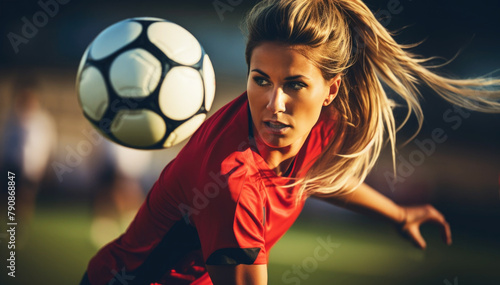 Female Soccer players performs an action on soccer stadium.  Teenage girls playing soccer close up