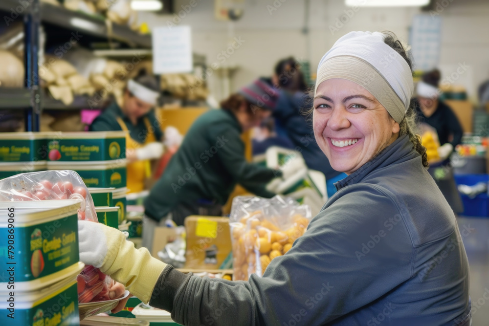 Charity, donation and volunteering concept - close up of happy smiling female volunteer packing food in boxes at distribution or refugee assistance center Charity, donation and volunteering concept - close up of happy smiling female volunteer packing food in boxes at distribution or refugee assistance center