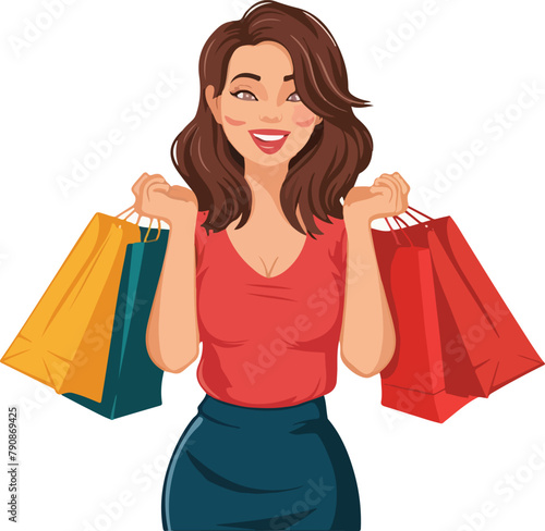Cheerful woman standing with colourful shopping bags