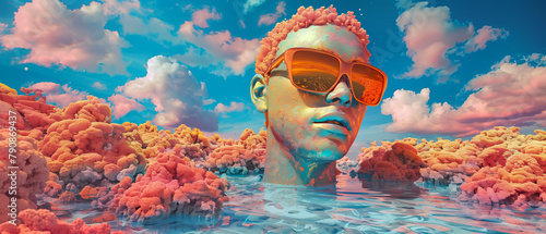 Trippy wallpaper with surreal landscape with colossal head wearing orange sunglasses emerging from the water among vibrant coral formations under a dynamic sky. Generative AI photo