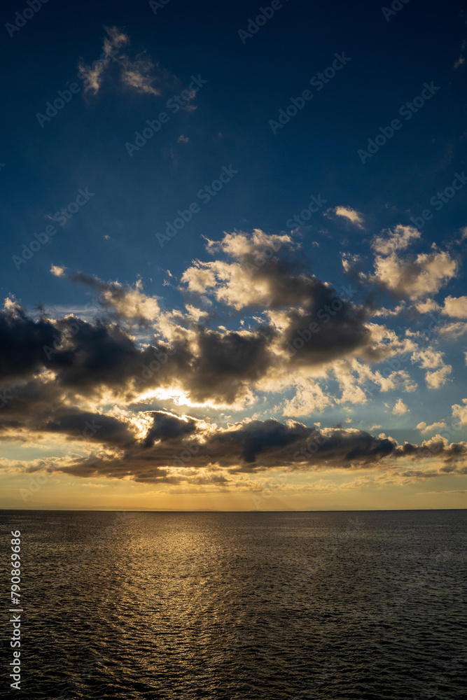 Beautiful landscape with dramatic sky, sea water and islands in the island of Zakynthos, Zante, Greece