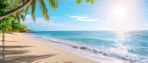 Idyllic tropical beach paradise at sunrise. Banner with copy space. Generative AI