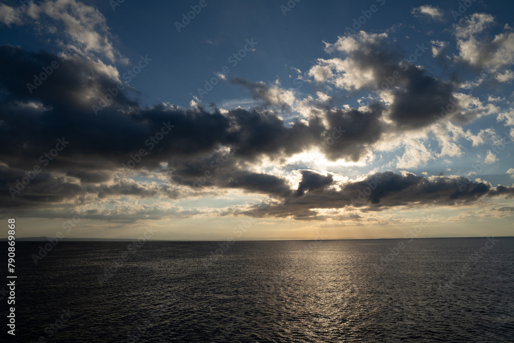 Beautiful landscape with dramatic sky, sea water and islands in the island of Zakynthos, Zante, Greece