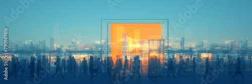 The blurred motion of people walking past store windows with orange signs, creating an abstract background photo