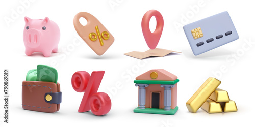 Set of realistic finance vector icons isolated on white background. Piggy, discount, pointer, credit card, wallet, bank, gold bars