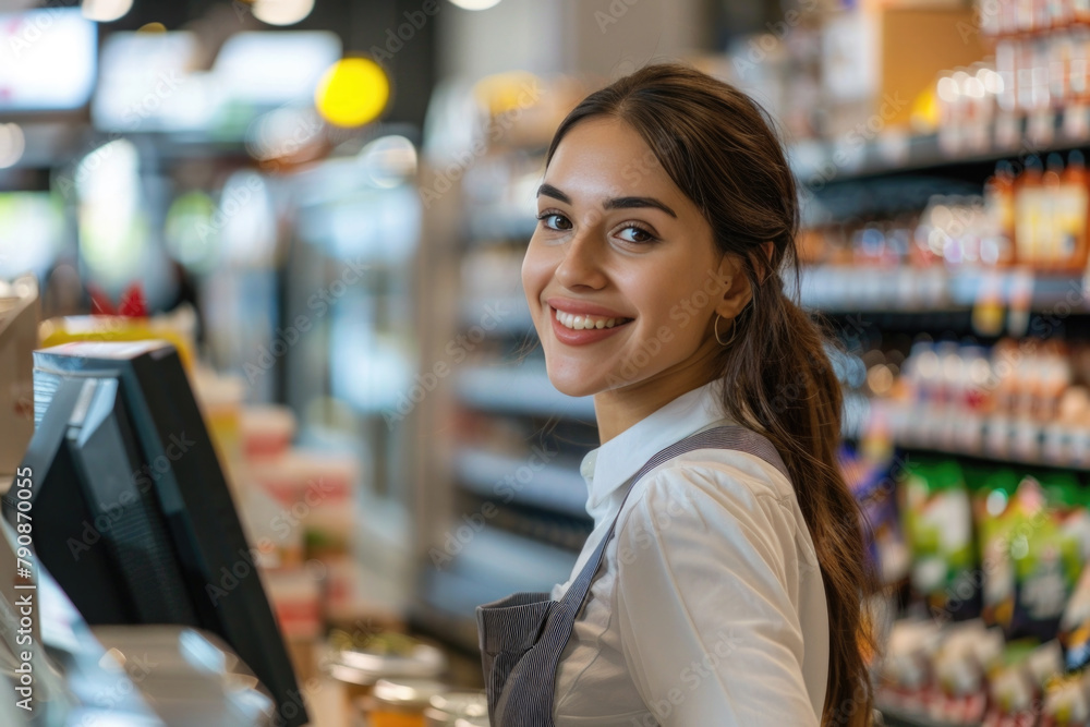 Portrait of a young smiling woman working as cashier at supermarket Portrait of a young smiling woman working as cashier at supermarket