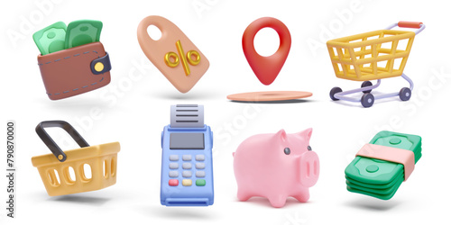Set of realistic shopping vector icons isolated on white background. Wallet, discount, pointer, cart, basket, pos, piggy, money