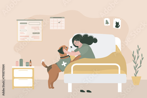 Happy little girl hugging adorable dog. Sick teen lies in bed at hospital. Animal therapy and animal-assisted rehabilitation for children. Emotional support animal,