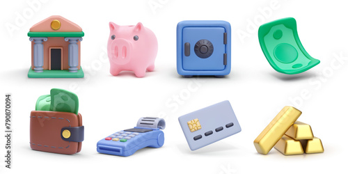 Set of realistic banking vector icons isolated on white background. Bank, piggy, safe, dollar, wallet, pos, credit card, gold bars