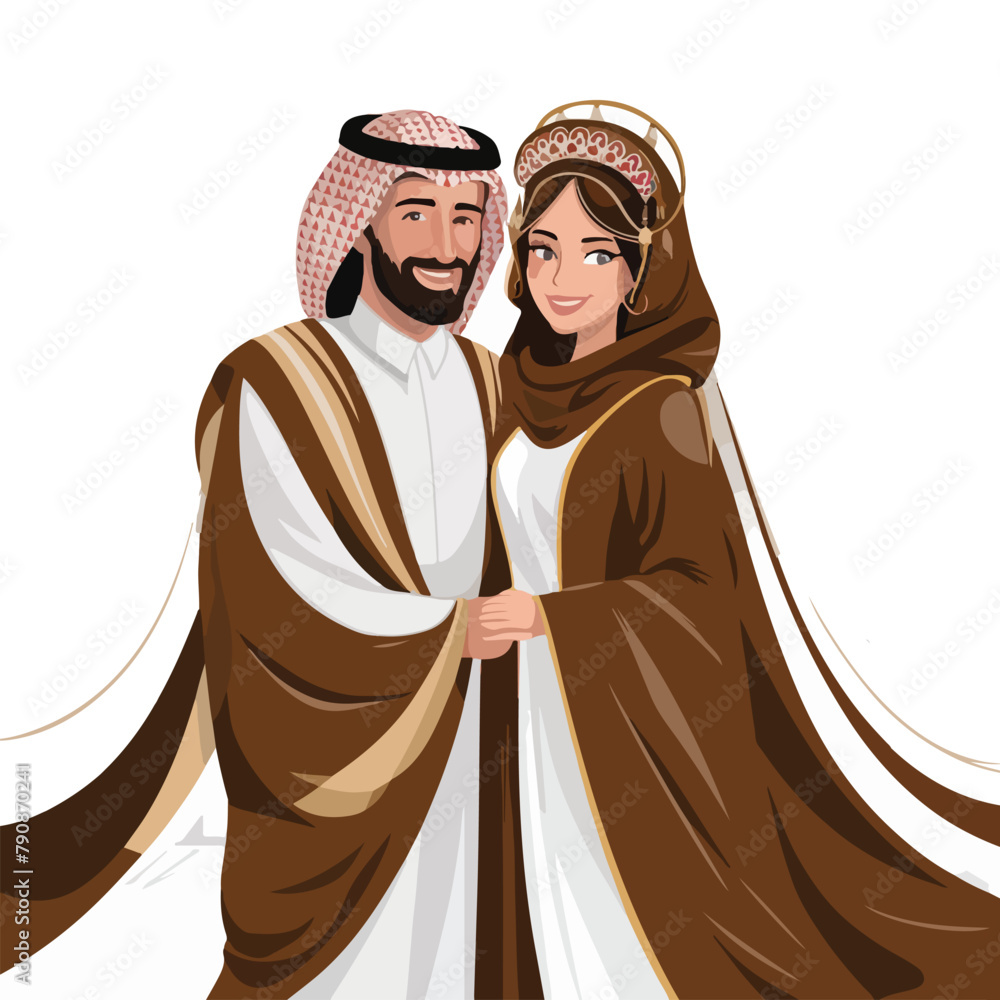 Cartoon muslim man and woman wearing ihram clothing