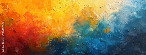 Painting of a colorful abstract painting with a yellow and blue background. Banner
