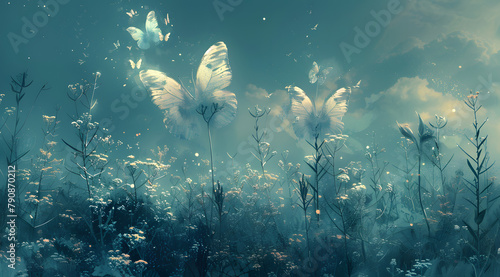 Tranquil Haven: Glowing Gardens and Ghost-like Butterflies in the Clouds photo