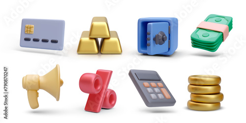 Set of realistic finance vector icons isolated on white background. Credit card, gold bars, safe, money, megaphone, discount, calculator, coins
