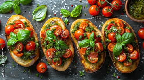  Several slices of bread, topped with tomatoes, basil, and pesto A nearby bowl holds additional pesto