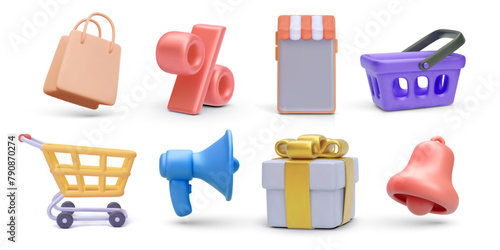Set of realistic sale vector icons isolated on white background. Bag, discount, store, basket, cart, megaphone, gift, bell