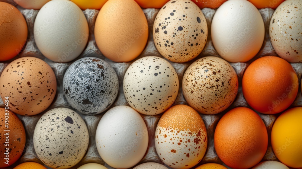 A carton holds various eggs with speckled browns and whites in its center A carton holds various eggs with speckled browns and whites in its center