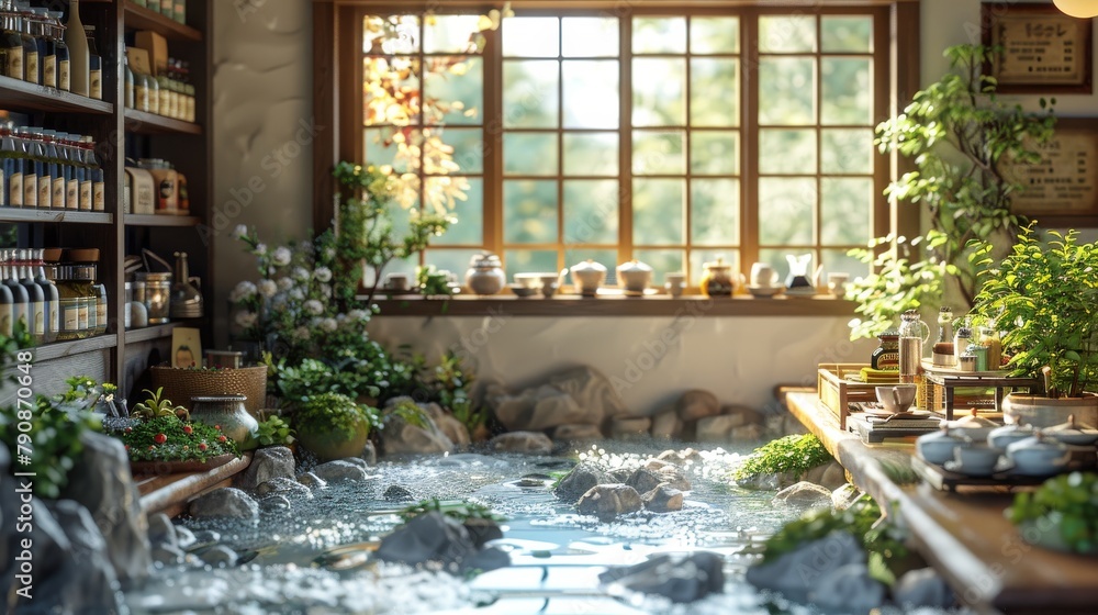 A room with a large window and a small stream of water