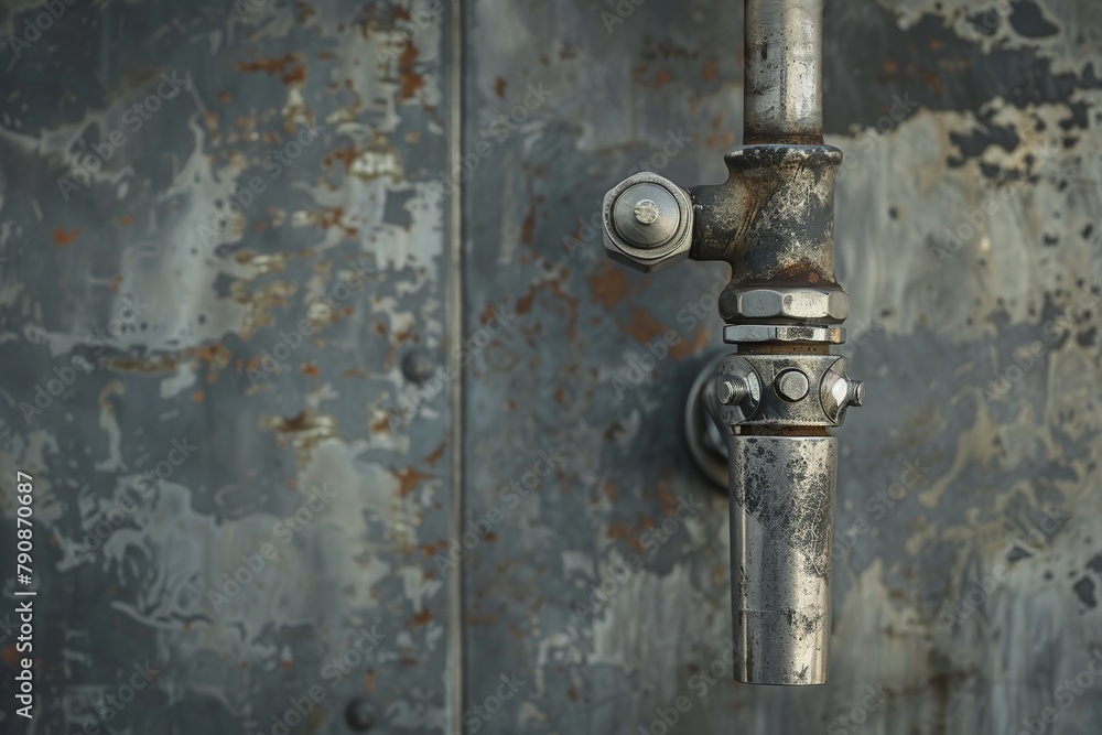 Industrial beer tap, exposed screws, isolated, concrete texture background, harsh side lighting