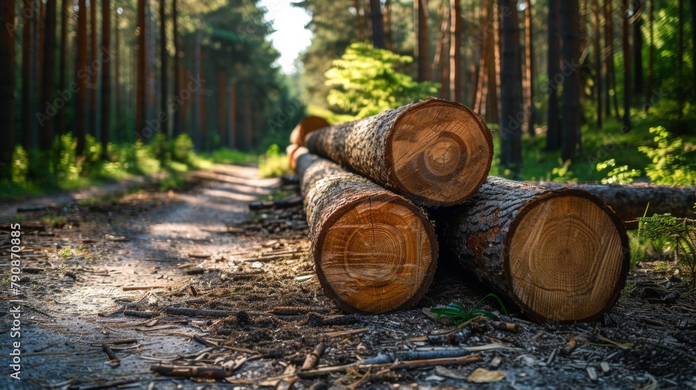 A group of three logs sitting on a dirt road in the woods, AI