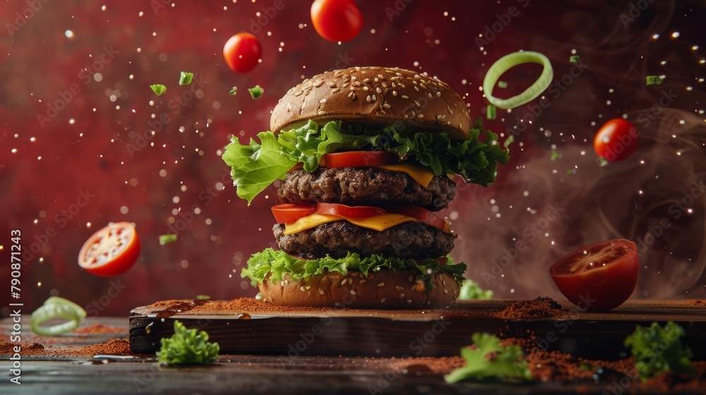 Let's create a captivating title and a set of keywords that could make this image of a burger stand out on microstock websites.