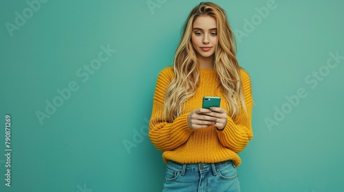 A dorned in a bright yellow knitted pullover and blue jeans, she holds her smartphone with two hands, green soft background © Wajed