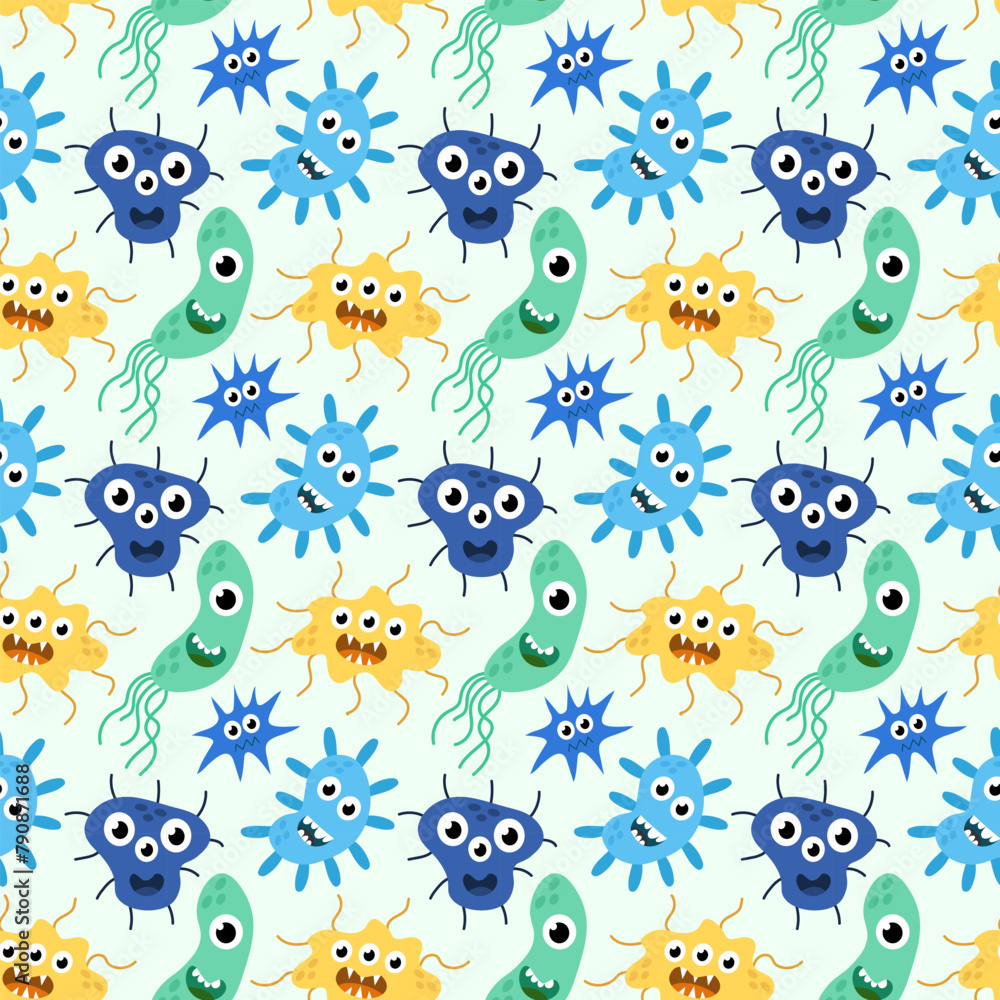 Seamless Pattern with Cute cartoon characters virus, bacteria, microbe. Microbiology organisms funny face wallpaper. Mascot expressing emotion background. Vector children illustration in flat design. Seamless Pattern with Cute cartoon characters virus, bacteria, microbe. Microbiology organisms funny face wallpaper. Mascot expressing emotion background. Vector children illustration in flat design.