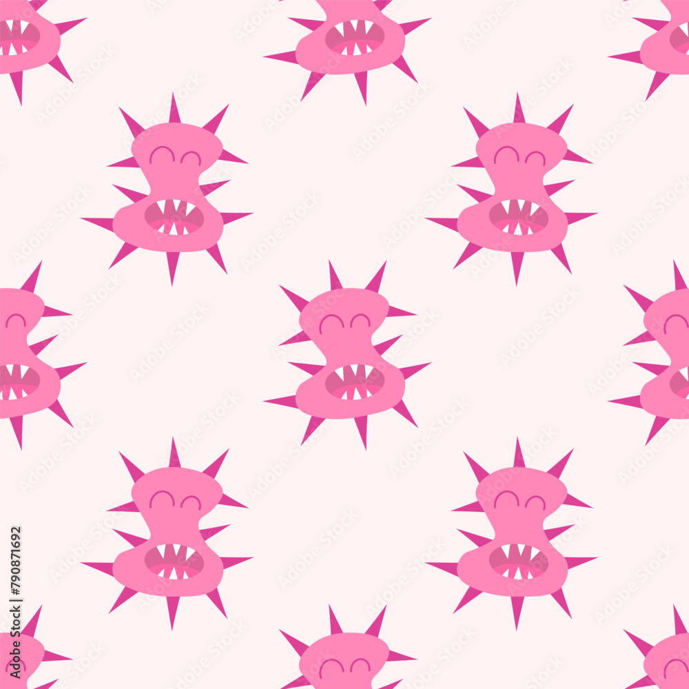 Seamless Pattern with Cute cartoon character virus, bacteria, microbe. Microbiology organism funny face wallpaper. Mascot expressing emotion background. Vector children illustration in flat design. Seamless Pattern with Cute cartoon character virus, bacteria, microbe. Microbiology organism funny face wallpaper. Mascot expressing emotion background. Vector children illustration in flat design.