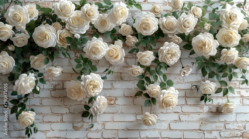 Fototapeta Naklejka Na Ścianę i Meble -  white roses allover winding up in tendrils on a old creme white painted brick wall, illustration made with Generative Ai