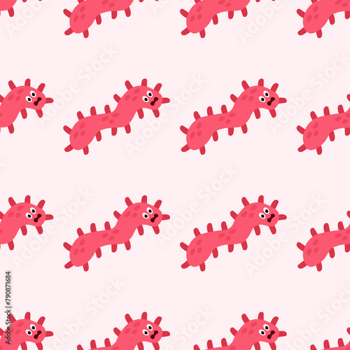 Seamless Pattern with Cute cartoon character virus, bacteria, microbe. Microbiology organism funny face wallpaper. Mascot expressing emotion background. Vector children illustration in flat design.