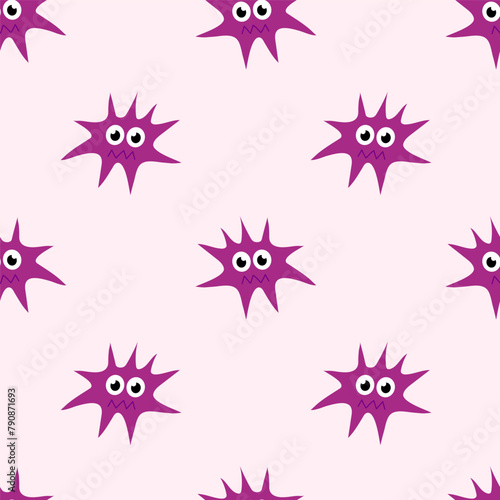 Seamless Pattern with Cute cartoon character virus, bacteria, microbe. Microbiology organism funny face wallpaper. Mascot expressing emotion background. Vector children illustration in flat design. © Darinov Art